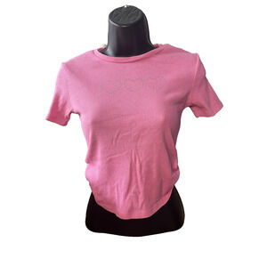 Women's Pink Velvet Size Medium Pink Cropped Rhinestone Design Y2K Tight Fit